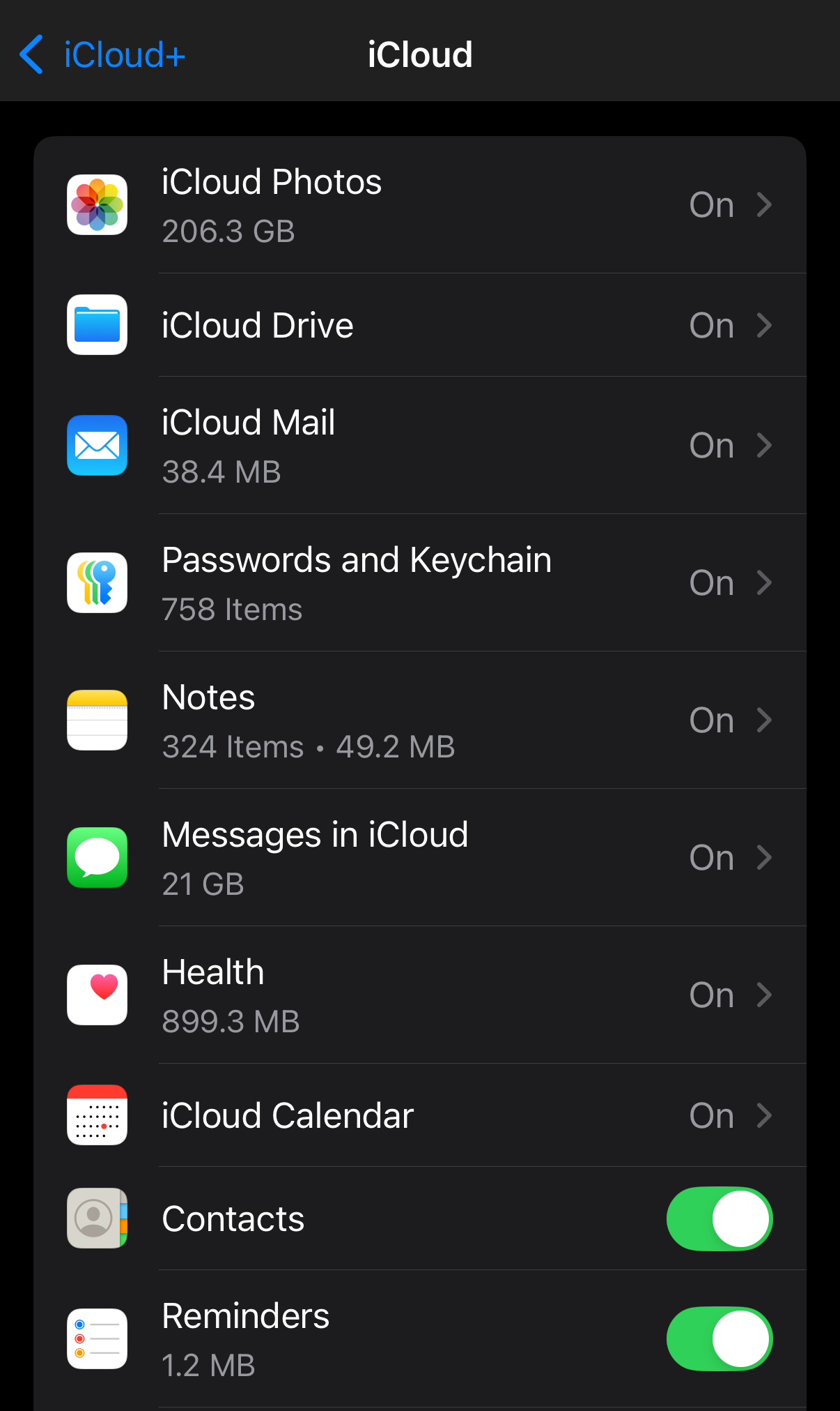 iCloud storage toggles.